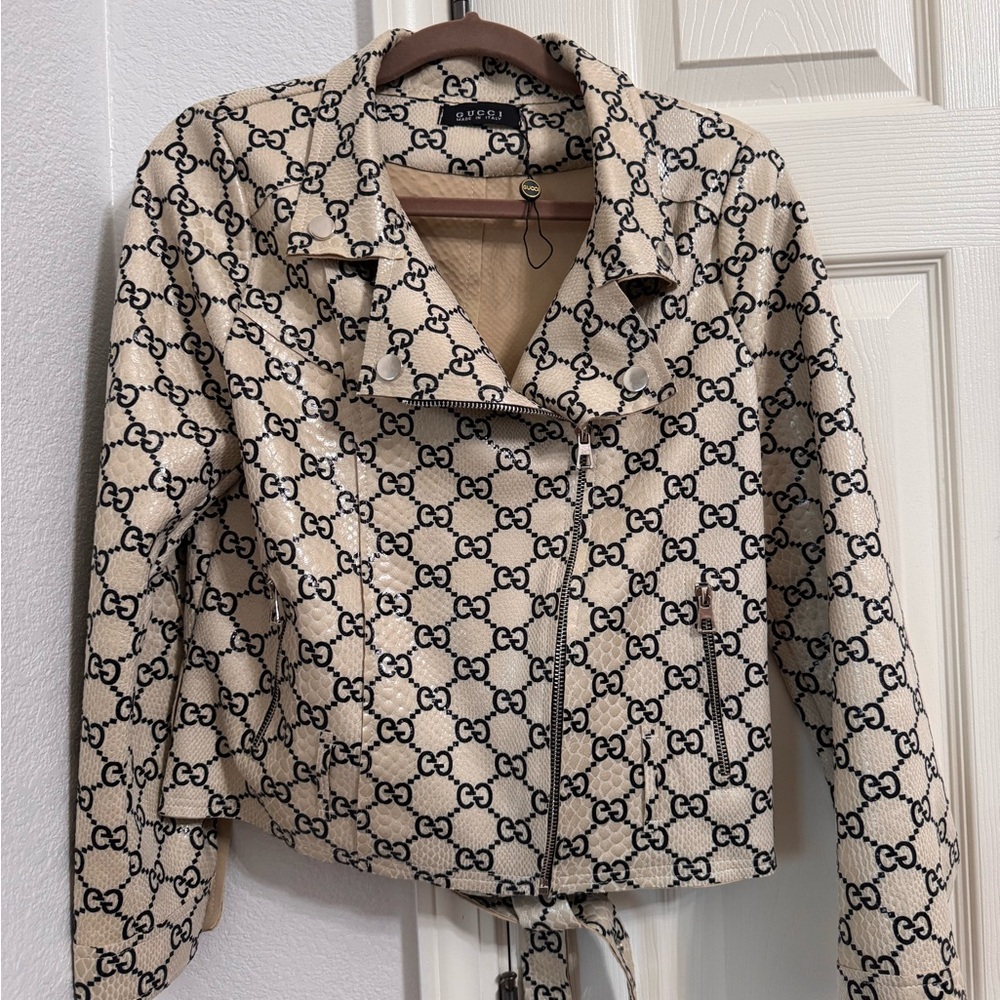 Cream and Black Leather Jacket